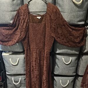 Brown Lace Dress with Bell Sleeves